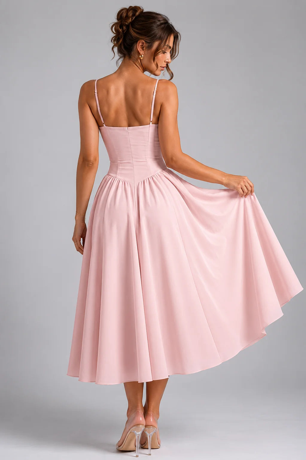 Women's Corset Midi Dress with Lace-Up Back & Full Skirt - Back Flowing Skirt