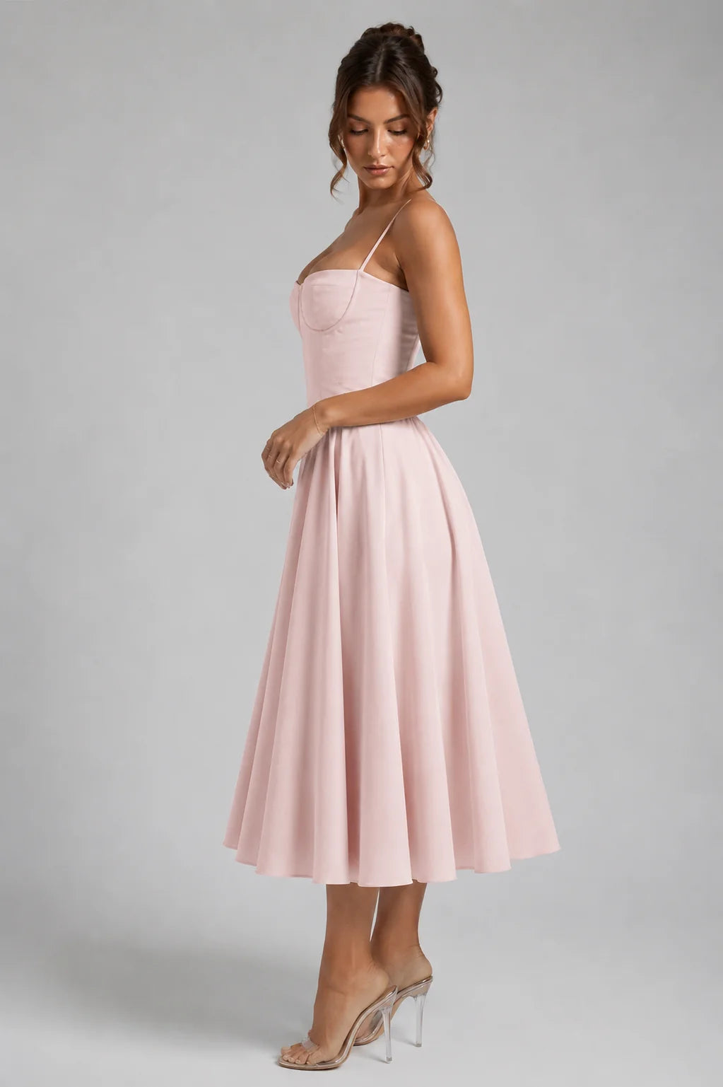 Women's Corset Midi Dress with Lace-Up Back & Full Skirt - Side Profile