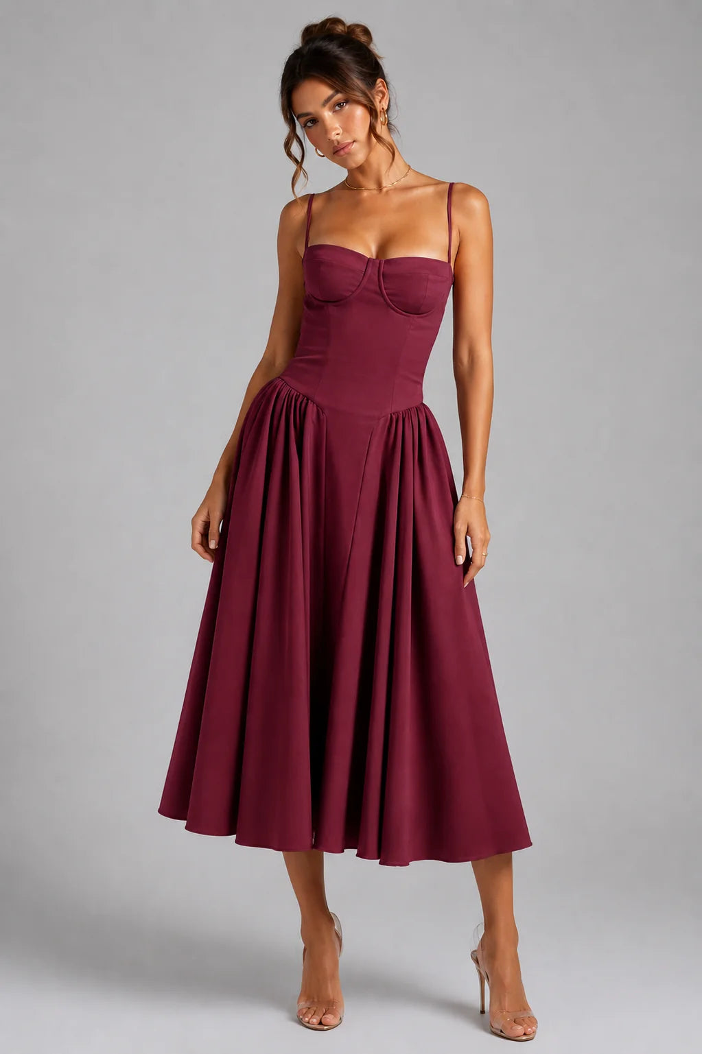 Cherry Lacquer Women's Corset Midi Dress with Lace-Up Back & Full Skirt - Front Studio