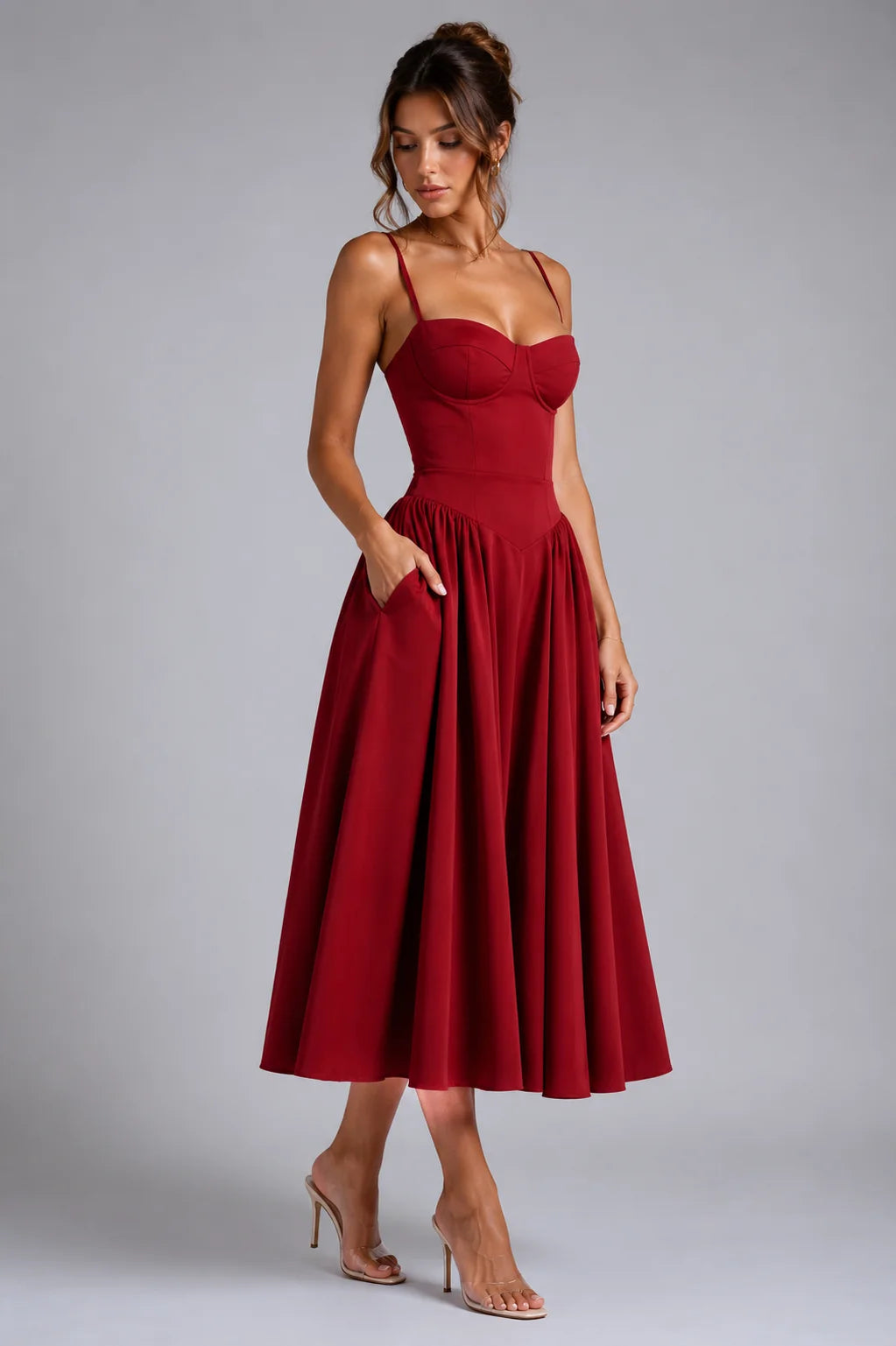 Women's Corset Midi Dress with Lace-Up Back & Full Skirt