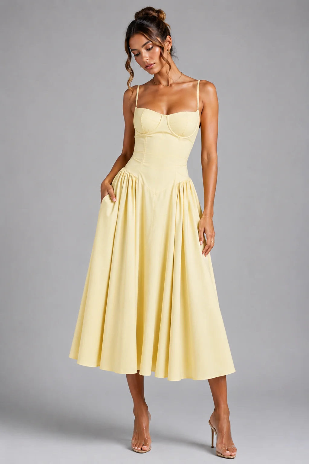 Lemon Women's Corset Midi Dress with Lace-Up Back & Full Skirt