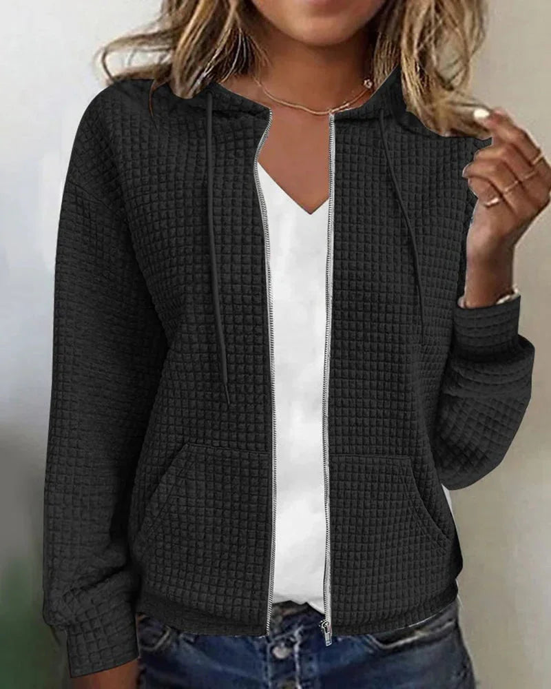 Black Women's Cotton Blend Jacket with Waffle Knit Texture & Zip Front — Hermione