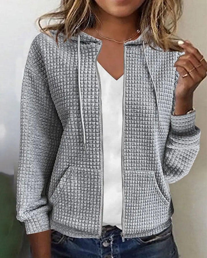 Gray Women's Cotton Blend Jacket with Waffle Knit Texture & Zip Front — Hermione
