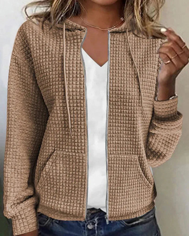 Khaki Women's Cotton Blend Jacket with Waffle Knit Texture & Zip Front — Hermione