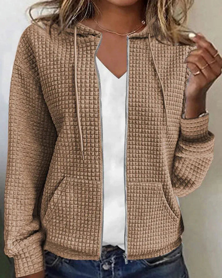 Khaki Women's Cotton Blend Jacket with Waffle Knit Texture & Zip Front — Hermione
