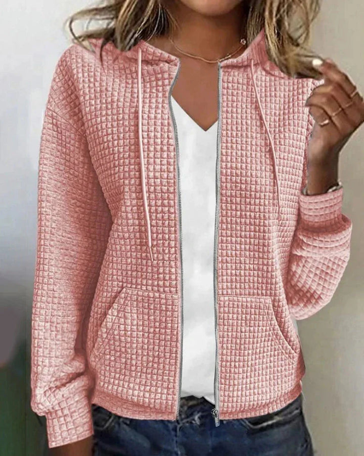 Pink Women's Cotton Blend Jacket with Waffle Knit Texture & Zip Front — Hermione