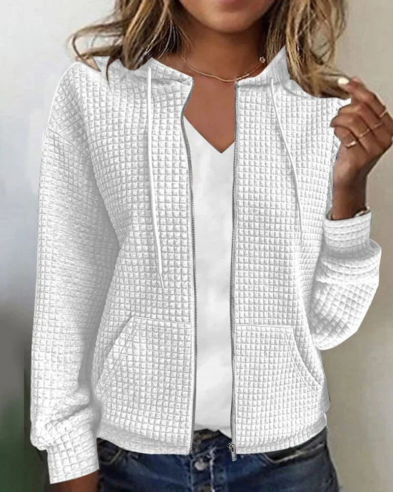 White Women's Cotton Blend Jacket with Waffle Knit Texture & Zip Front — Hermione