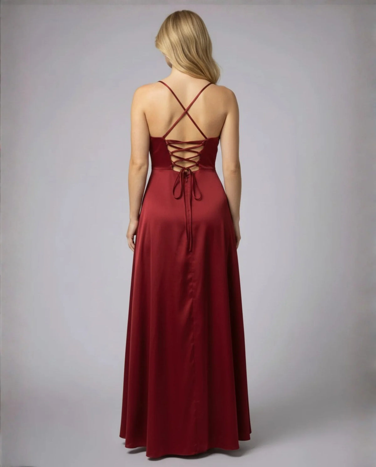 Women's Cowl Neck Maxi Dress with Lace-Up Back & Side Slit - Back Lace Detail