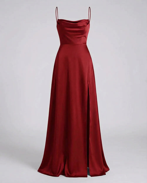 Women's Cowl Neck Maxi Dress with Lace-Up Back & Side Slit - Studio Front