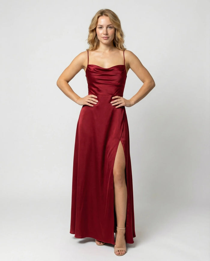 Red Women's Cowl Neck Maxi Dress with Lace-Up Back & Side Slit