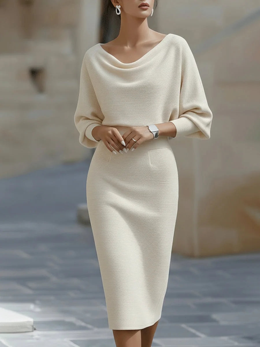 Beige Women's Cowl Neck Midi Dress with Batwing Sleeves