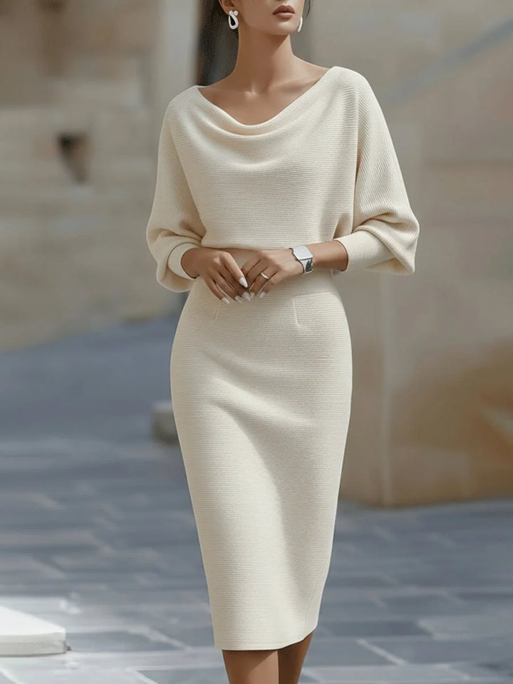 Beige Women's Cowl Neck Midi Dress with Batwing Sleeves