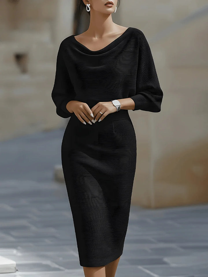 Black Women's Cowl Neck Midi Dress with Batwing Sleeves — Avery - Front Crop Waist