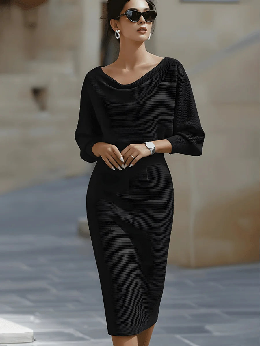 Black Women's Cowl Neck Midi Dress with Batwing Sleeves