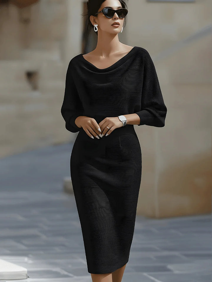 Black Women's Cowl Neck Midi Dress with Batwing Sleeves
