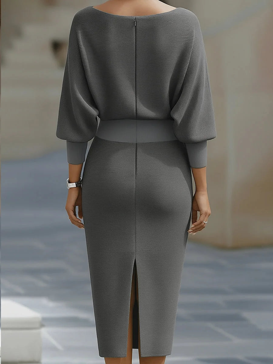 Gray Women's Cowl Neck Midi Dress with Batwing Sleeves — Avery - Back Full Detail