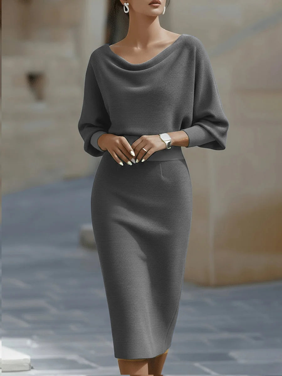 Gray Women's Cowl Neck Midi Dress with Batwing Sleeves