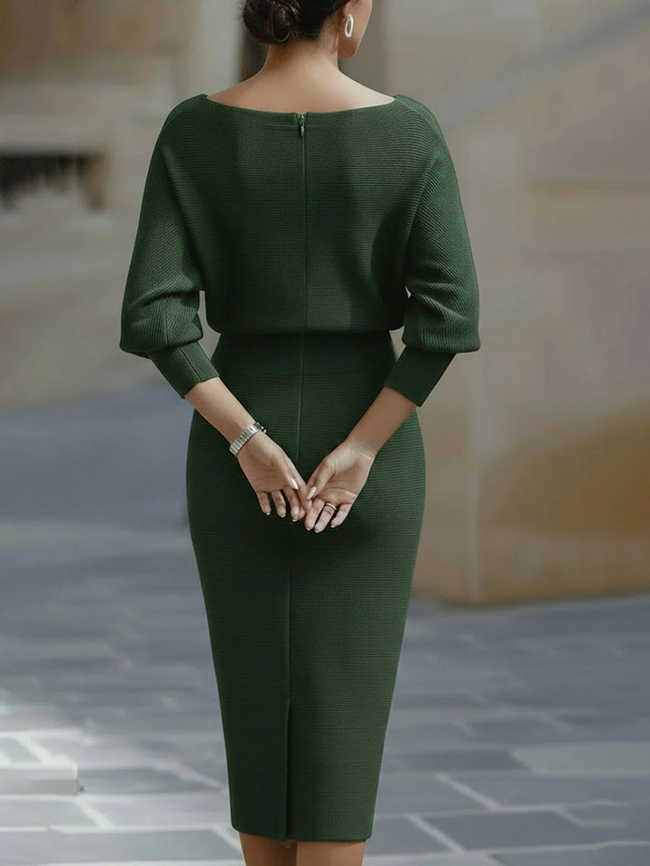 Green Women's Cowl Neck Midi Dress with Batwing Sleeves — Avery - Back Full Pose