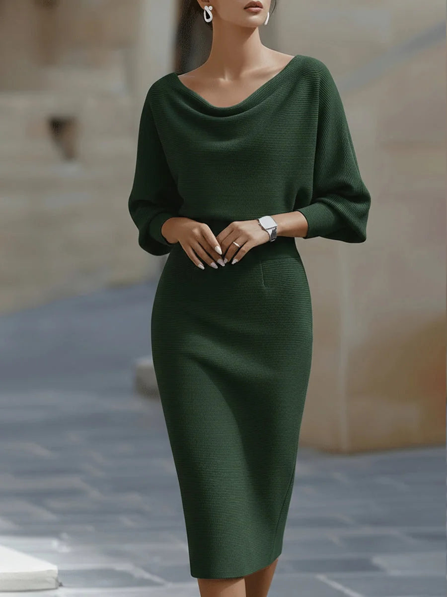 Green Women's Cowl Neck Midi Dress with Batwing Sleeves