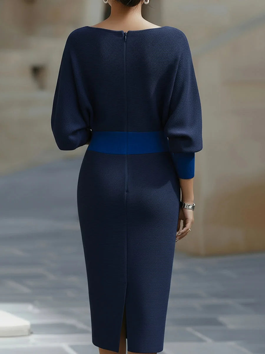 Navy Blue Women's Cowl Neck Midi Dress with Batwing Sleeves — Avery - Back Detail Waist