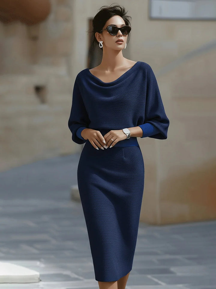 Navy Blue Women's Cowl Neck Midi Dress with Batwing Sleeves — Avery - Front Full Sunglasses Alt