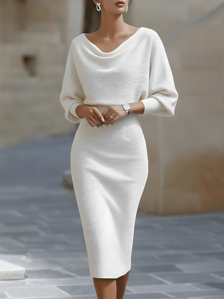 White Women's Cowl Neck Midi Dress with Batwing Sleeves — Avery - Front Crop Neckline