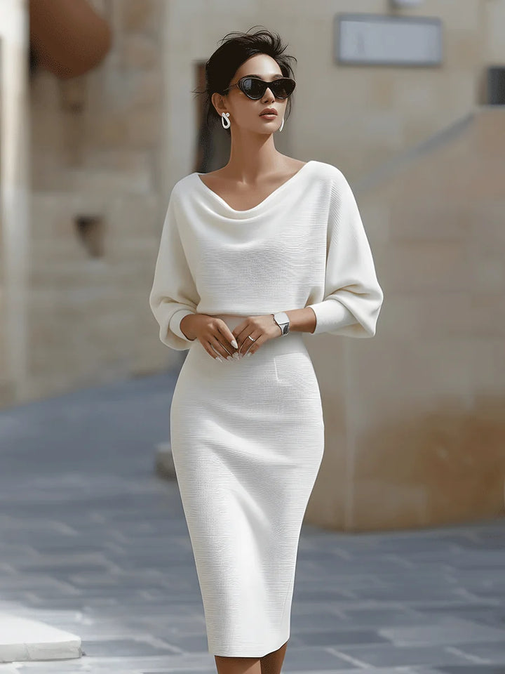 White Women's Cowl Neck Midi Dress with Batwing Sleeves