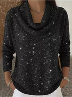 Black Women's Cowl Neck Sweater with Shimmer Knit Finish & Long Sleeves — Dolly