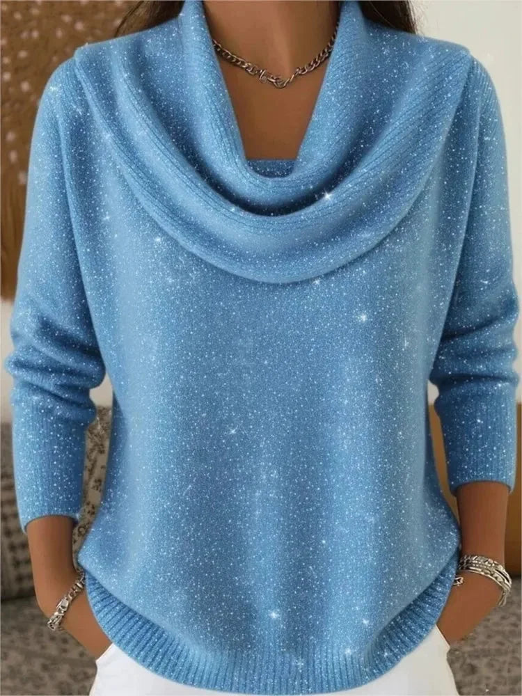 Blue Women's Cowl Neck Sweater with Shimmer Knit Finish & Long Sleeves — Dolly