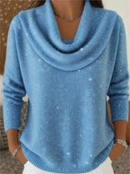 Blue Women's Cowl Neck Sweater with Shimmer Knit Finish & Long Sleeves — Dolly