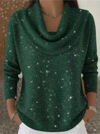 Green Women's Cowl Neck Sweater with Shimmer Knit Finish & Long Sleeves — Dolly