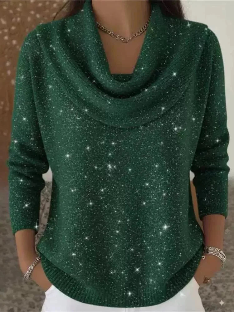 Green Women's Cowl Neck Sweater with Shimmer Knit Finish & Long Sleeves — Dolly