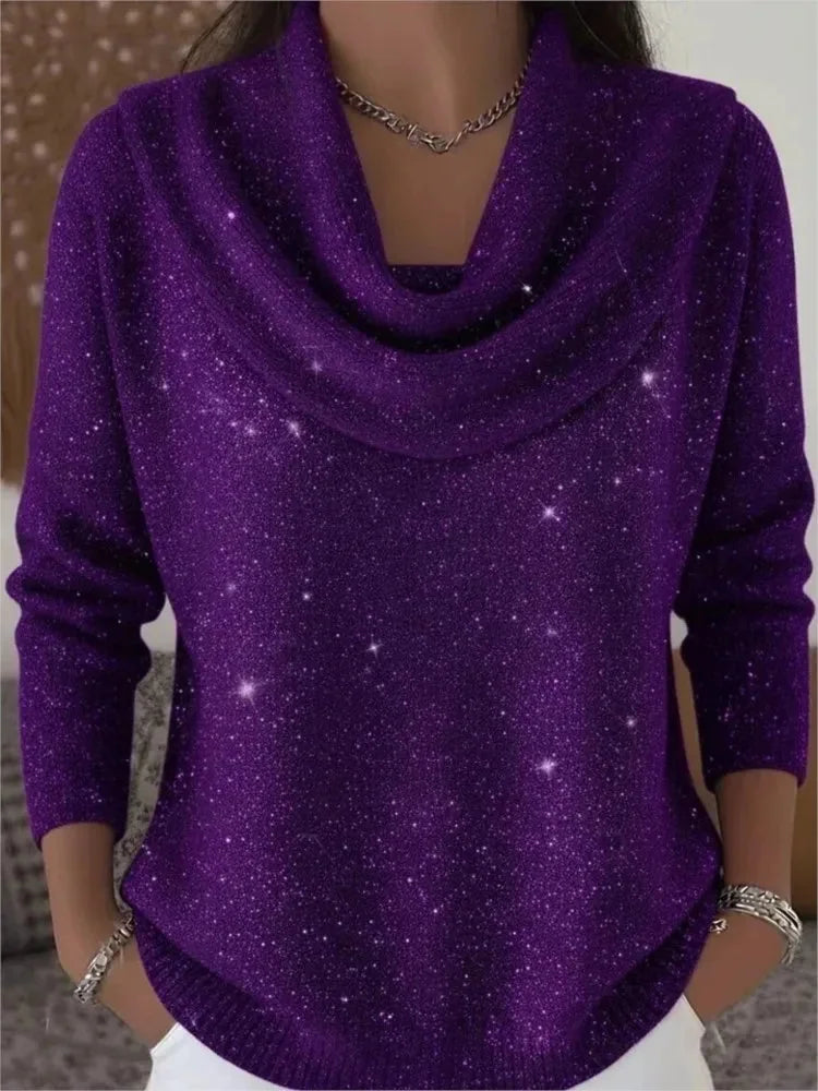 Purple Women's Cowl Neck Sweater with Shimmer Knit Finish & Long Sleeves — Dolly