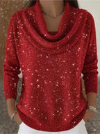 Red Women's Cowl Neck Sweater with Shimmer Knit Finish & Long Sleeves — Dolly