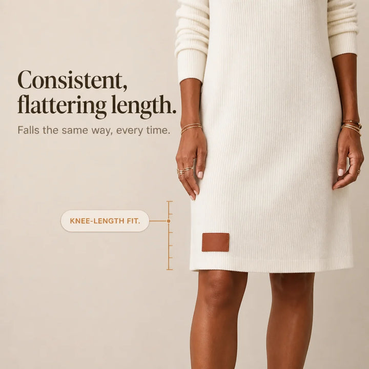 White Women's Cowl-Neck Sweater Dress with Ribbed Knit & Relaxed Fit — Lyra - Length Detail