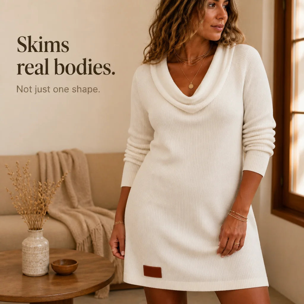 White Women's Cowl-Neck Sweater Dress with Ribbed Knit & Relaxed Fit — Lyra - Living Room Pose