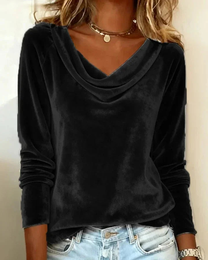 Black Women's Velvet Blouse with Draped Cowl Neck & Long Sleeves