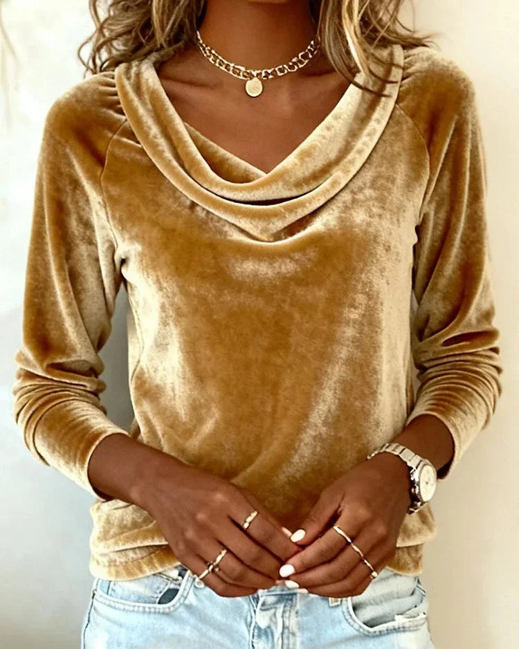 Women's Velvet Blouse with Draped Cowl Neck & Long Sleeves - Hands Clasped Pose