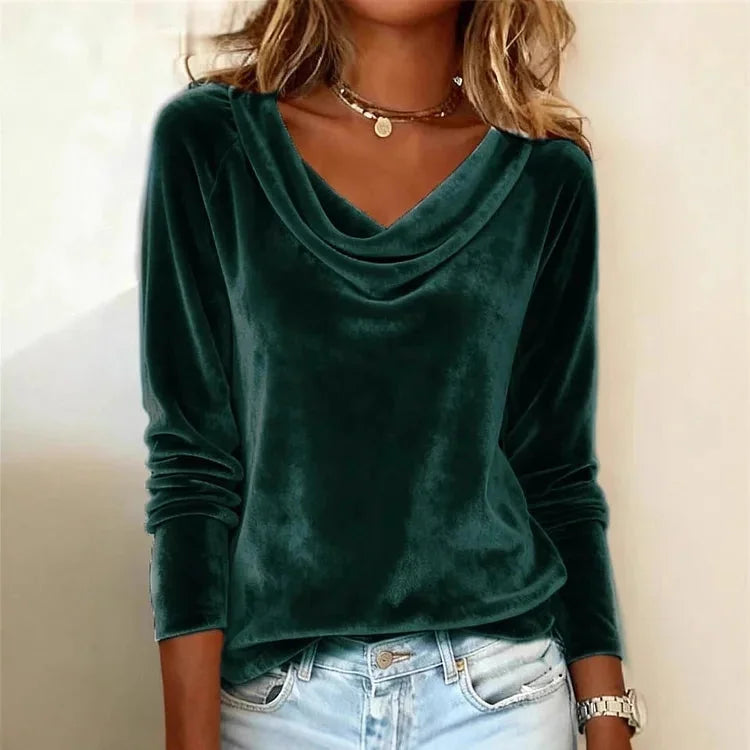 Green Women's Velvet Blouse with Draped Cowl Neck & Long Sleeves