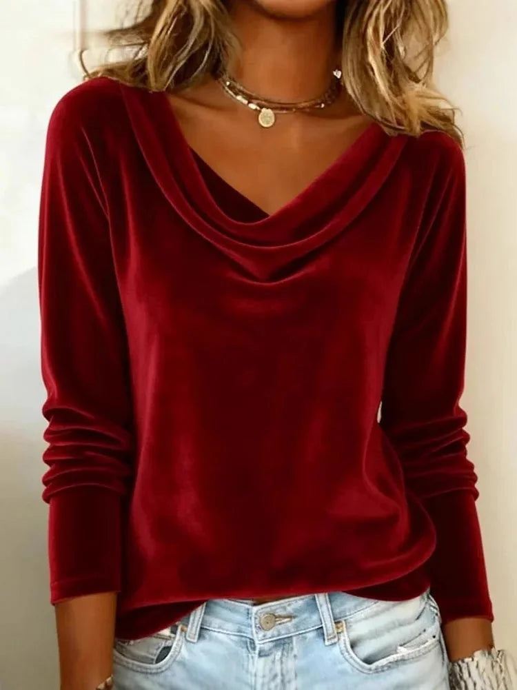 Red Women's Velvet Blouse with Draped Cowl Neck & Long Sleeves