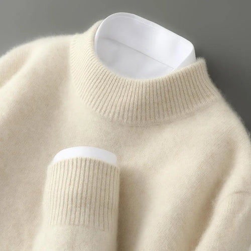 Beige Women's Cashmere Sweater with Crew Neck & Relaxed Long Sleeves