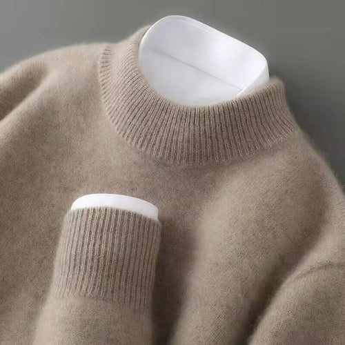Camel Women's Cashmere Sweater with Crew Neck & Relaxed Long Sleeves - Collar And Cuff