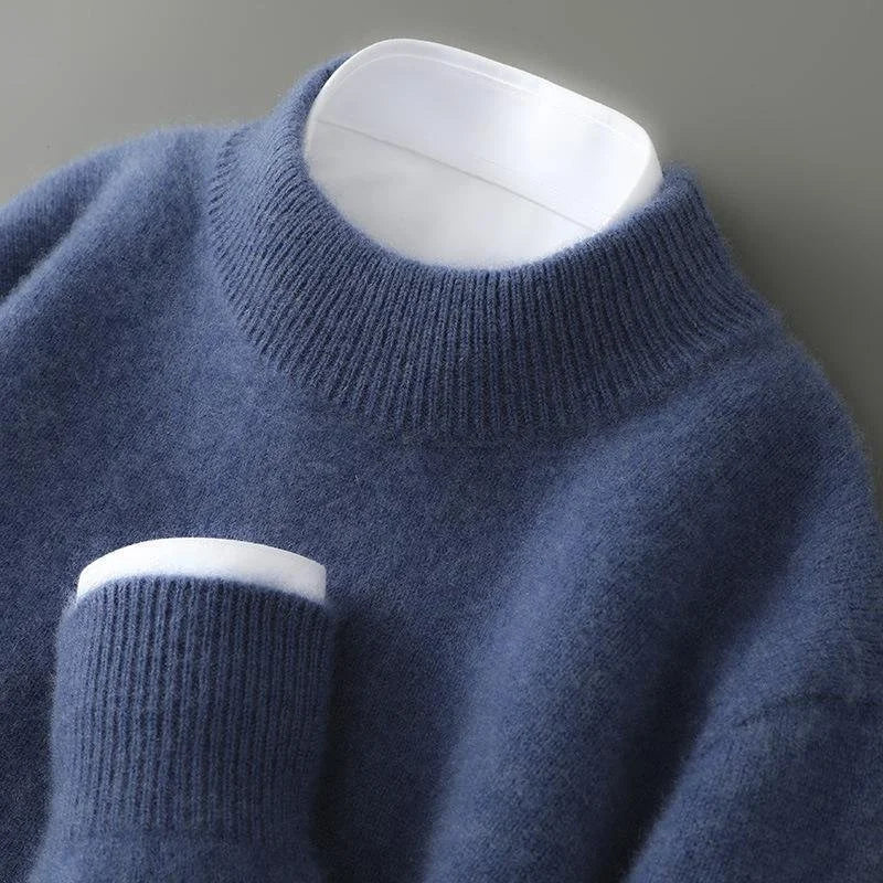 Flowers Blue Women's Cashmere Sweater with Crew Neck & Relaxed Long Sleeves - Front Close Up