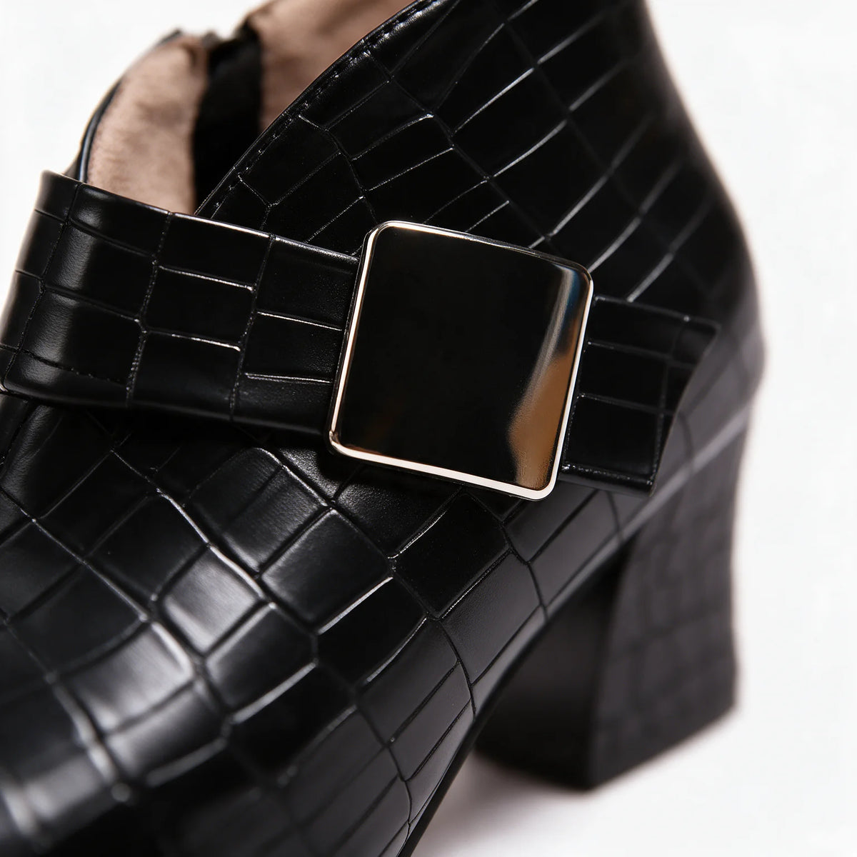 Women's Croc Ankle Boots with Buckle Strap & Block Heel - Close Up Buckle