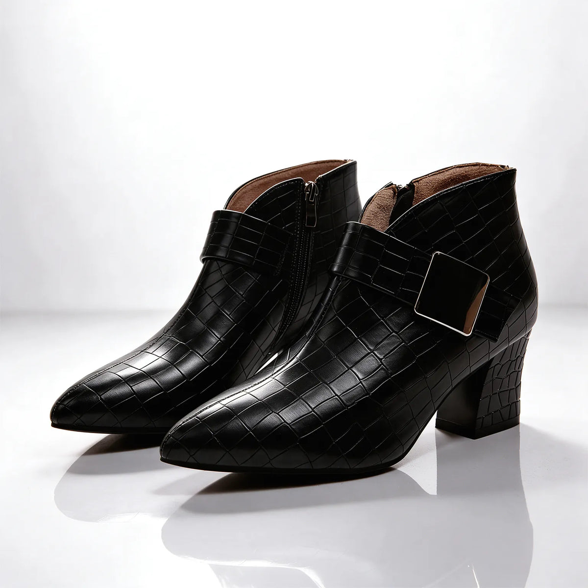 Black Women's Croc Ankle Boots with Buckle Strap & Block Heel - Front Full