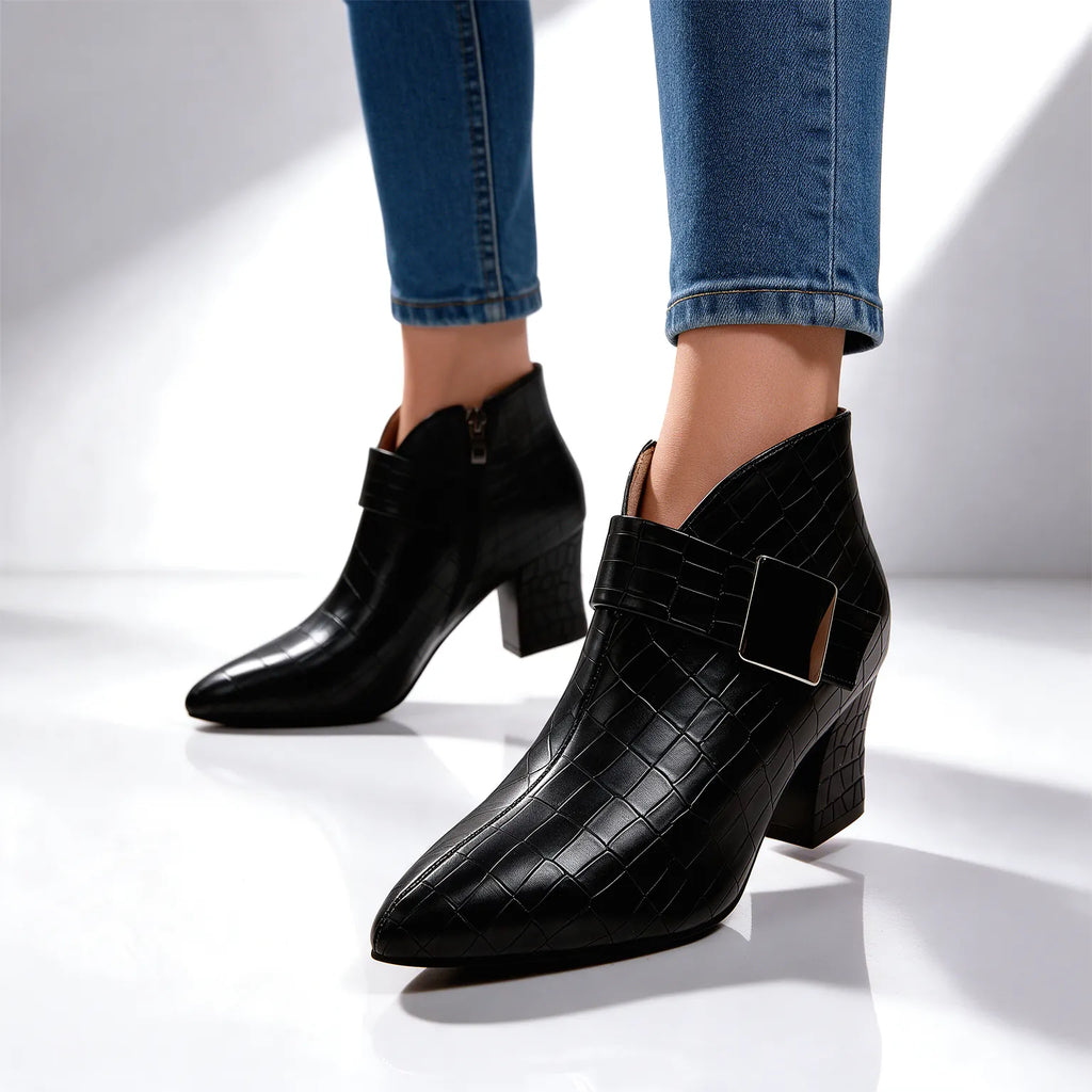 Women's Croc Ankle Boots with Buckle Strap & Block Heel