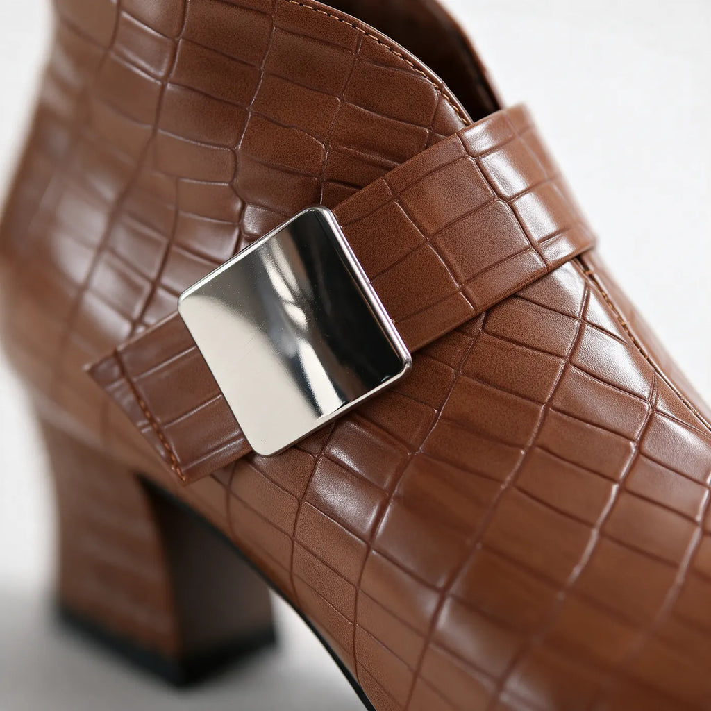 Women's Croc Ankle Boots with Buckle Strap & Block Heel - Close Up Buckle