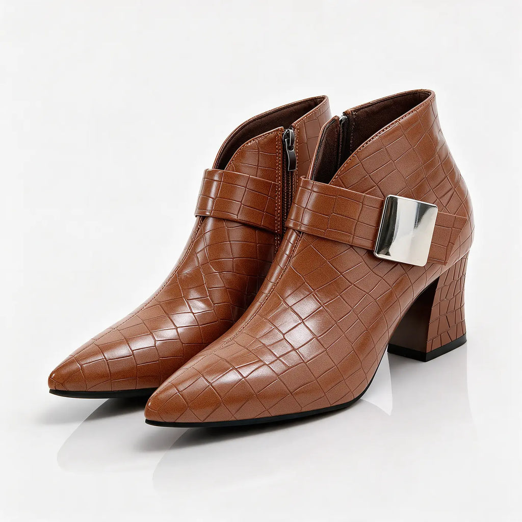 Brown Women's Croc Ankle Boots with Buckle Strap & Block Heel - Front Full Studio