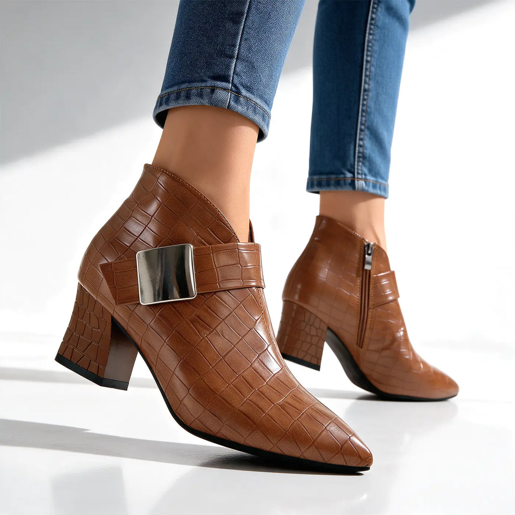 Women's Croc Ankle Boots with Buckle Strap & Block Heel