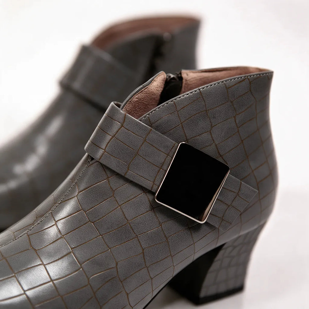 Women's Croc Ankle Boots with Buckle Strap & Block Heel - Close Up Buckle